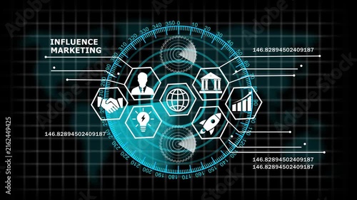Dynamic digital influence marketing hud interface featuring global business network financial growth analytics, and futuristic data visualization for corporate technology presentations and media