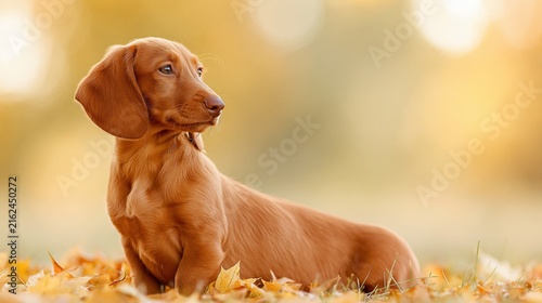 Adorable short-haired Dachshund puppy sitting in autumn leaves with golden bokeh background
