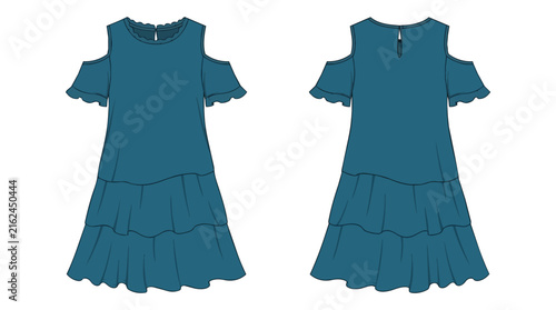 Teal Blue Cold Shoulder Tiered Ruffle Dress Fashion Technical Sketch Front and Back View for Apparel Design and Garment Production Illustration Templa
