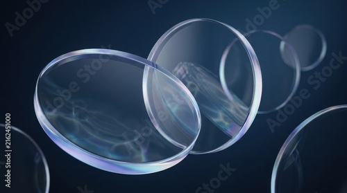 Abstract floating glass discs with spectral light and chromatic aberration.