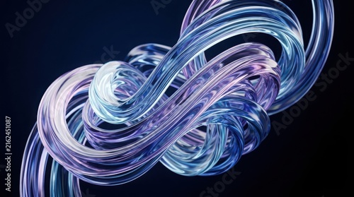 Abstract twisted glass tubes with glowing neon light reflections in fluid organic shape.