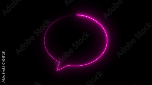 Glowing magenta pink neon speech bubble icon chat message talk symbol dark background.