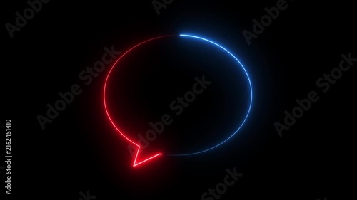 Glowing red blue neon speech bubble icon chat message talk symbol dark background.