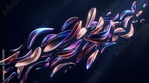 Dynamic flow of floating iridescent metallic leaf shapes on dark background.