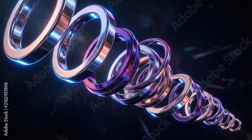 Floating metallic rings arranged in perspective with iridescent hues and stardust particles in deep space.