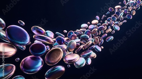 Floating stream of iridescent metallic spheres in dynamic motion against dark background.