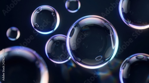Floating transparent bubbles with iridescent reflections on dark background.