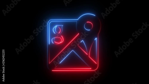 Glowing red blue neon map pin location pointer navigation gps symbol dark background