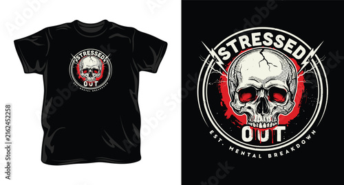 Stressed out skull graphic with cracked head and red eyes and lightning bolts and text est mental breakdown.