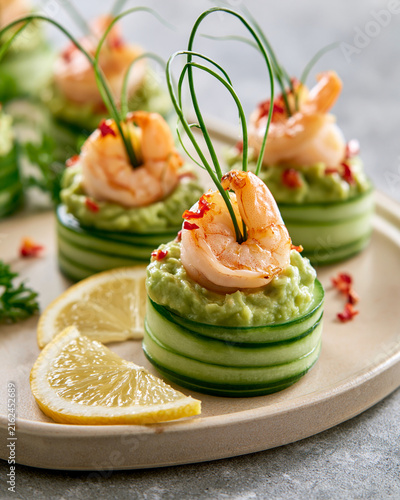 Shrimp cucumber canape with avocado cream showcasing GLP1 friendly mini meal wellness and light satiety in luxury editorial styling
