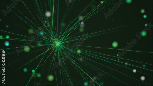 Abstract digital art featuring a glowing green light burst on a dark neon background for modern design projects