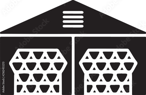 Warehouse building icon, industrial logistics facility silhouette with large cargo loading doors