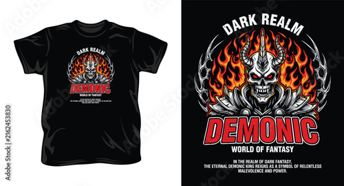 Demonic dark fantasy warrior skull emblem with flames for t-shirt print.