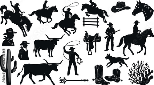 Cuadro en lienzo Wild West cowboy rodeo silhouette collection featuring horseback riding bucking
