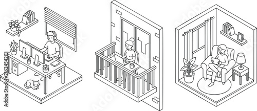 Remote work home office freelancer working isometric icon set desk balcony armchair tablet vector line art collection.