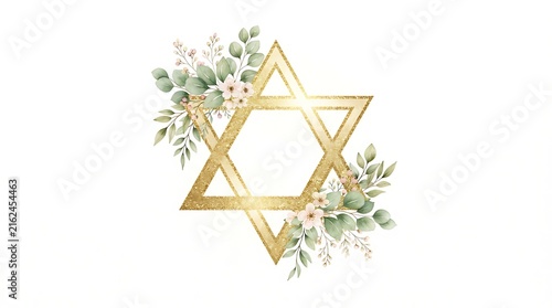 Gold star of david hexagram frame, decorated with watercolor eucalyptus leaves and small white flowers on a white background