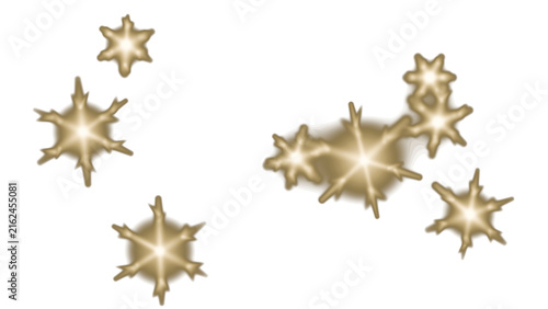 Golden starbursts and snowflakes falling on white background festive