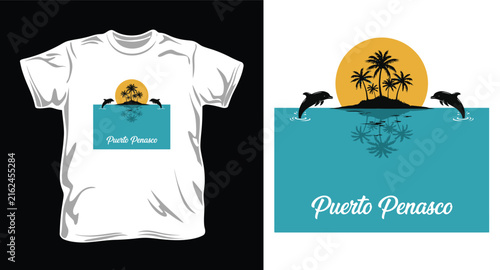 Puerto Penasco beach sunset landscape illustration for vacation apparel.