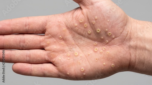 Open male palm showing multiple circular palmar warts and viral lesion papules