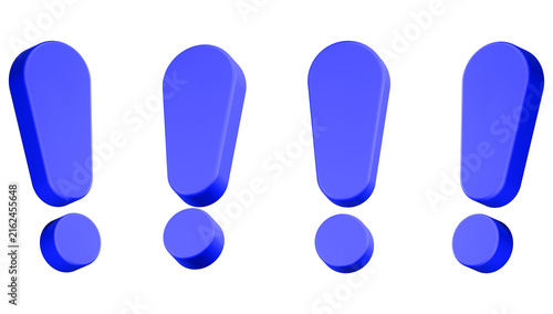 Four vibrant blue 3D exclamation marks, glossy and impactful, symbolizing urgency, warning.