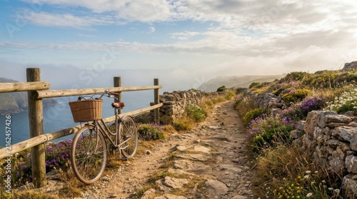 Vintage Bicycle on Rocky Coastal Path Beside Wildflowers and Sea