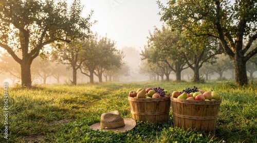 Fresh Orchard Harvest With Fruit Baskets in Warm Morning Light