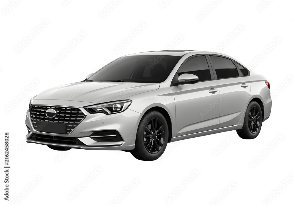 Naklejka premium Modern silver sedan car parked on road
