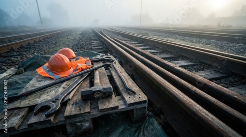Railroad Maintenance Equipment and Safety Gear Beside Train Tracks