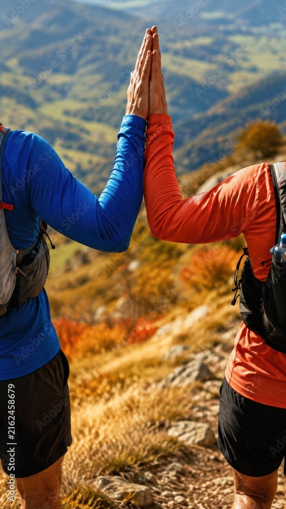 Fototapeta premium Two Trail Runners High Five on Autumn Mountain Trail