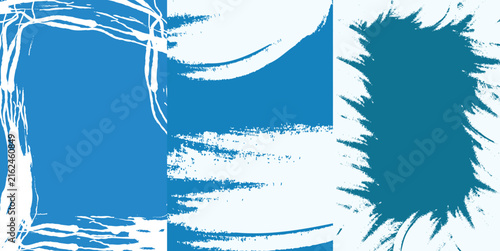 Abstract blue brush stroke frames and grunge paint splashes on a light background