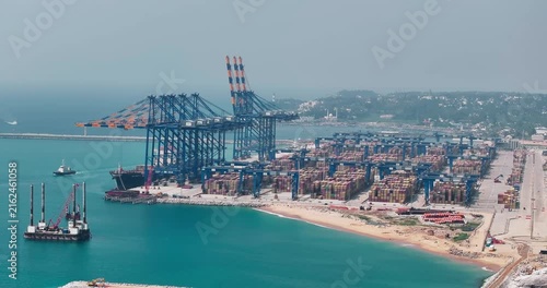 Aerial view of Vizhinjam International Seaport Ltd. (VISL) near the Aazhimala Shiva Temple, on the coast of the Arabian Sea in Vizhinjam, Thiruvananthapuram district, Kerala, India.