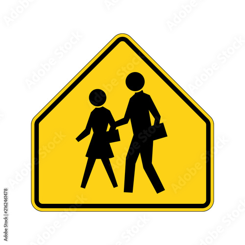 School crosswalk warning sign, children walking vector icon