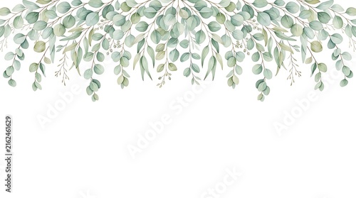 Watercolor eucalyptus leaves border, hanging green foliage branches with round and oval leaves on a white background, botanical frame header