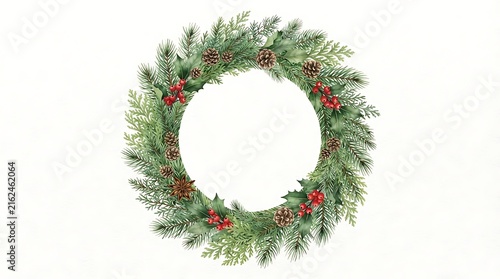Watercolor christmas wreath with evergreen branches, pine cones, and red holly berries, isolated on a white background, circular frame
