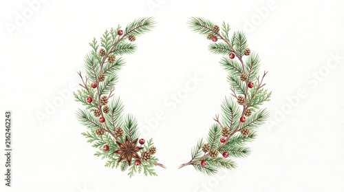 Watercolor of two curved evergreen branches, decorated with pine cones, red berries, and a star anise, isolated on white background