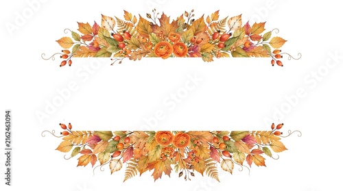 Watercolor autumn floral border with orange ranunculus, maple leaves, berries, and fern foliage on a white background