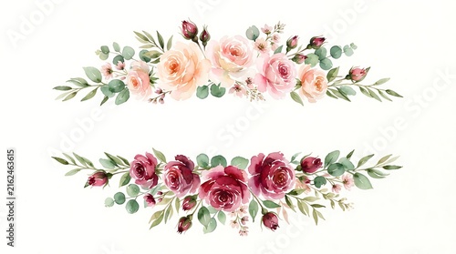 Watercolor floral arrangements with peach, blush, and deep red roses, green eucalyptus leaves, and small flower buds on a white background