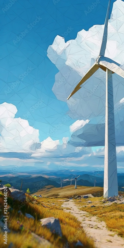 Fototapeta premium A single wind turbine standing tall on a scenic mountain landscape generating emission free power.