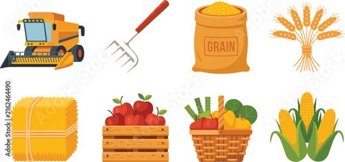 Farming harvest and agriculture colorful vector icon set featuring crops and farming equipment symbols