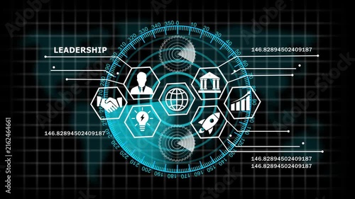 Advanced digital leadership and global business strategy hud interface featuring animated data analytics, corporate growth and futuristic network connectivity for presentations