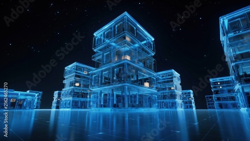Futuristic neon blue glowing digital city architecture at night. Modern urban technology concept for smart city development and virtual reality design.