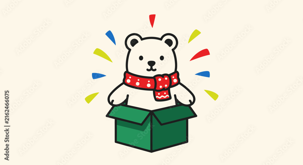Naklejka premium Cute cartoon polar bear popping out of a green gift box.