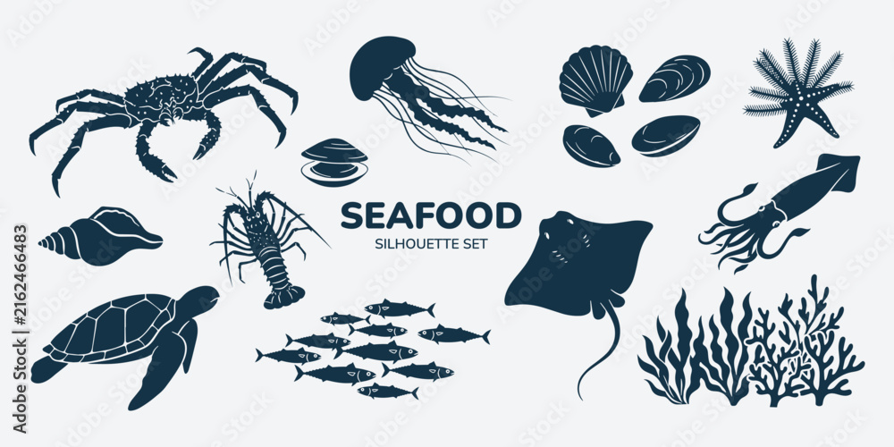 Fototapeta premium Seafood silhouette set. Collection of marine animals, fish, shellfish, crab, lobster, jellyfish, turtle and seaweed icons. Ocean life elements for menu design, restaurant decor and vector illustration