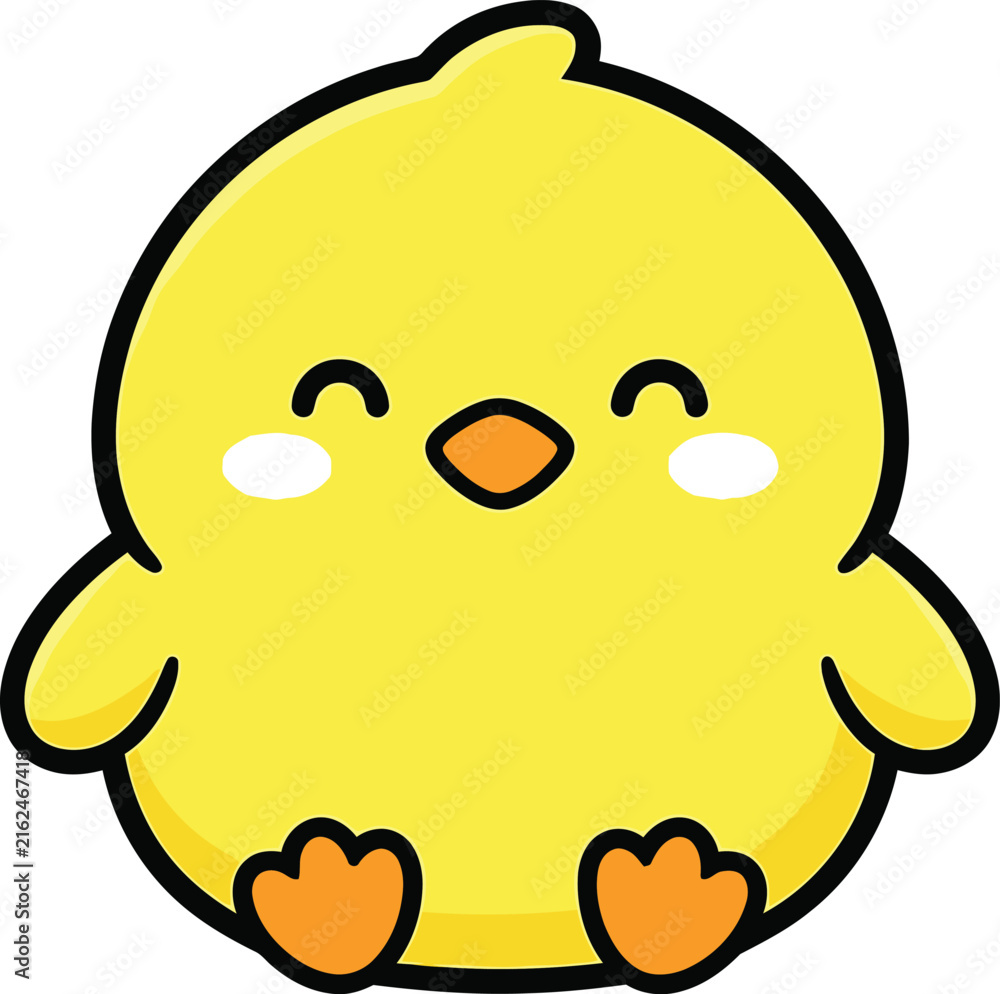 Fototapeta premium Cute cartoon chick sitting down with closed eyes expression transparent background