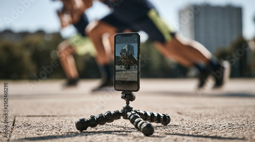 Smartphone on Tripod Recording Two Men Doing Outdoor Fitness Workout in Park