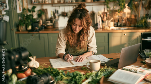 Young Woman Writing Recipe Ideas in Cookbook at Kitchen Counter with Laptop and Camera
