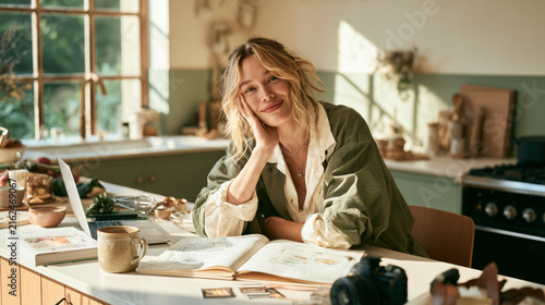 Young Woman Writing Recipe Ideas in Cookbook at Kitchen Counter with Laptop and Camera