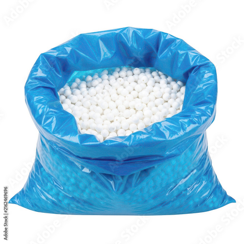 Obraz na płótnie Blue plastic bag filled with white plastic pellets