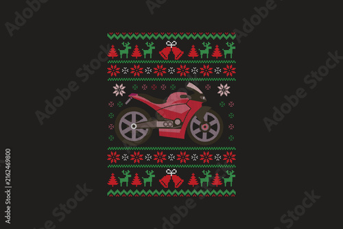 Ugly Christmas Sweater Knitted Pattern Red Motorcycle Reindeer Snowflake Xmas Sublimation T Shirt Design	