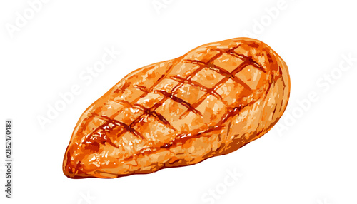 Grilled chicken breast with golden brown color, juicy texture, and crisp grill marks, vector illustration. Isolated on transparent background. Food design and packaging.
